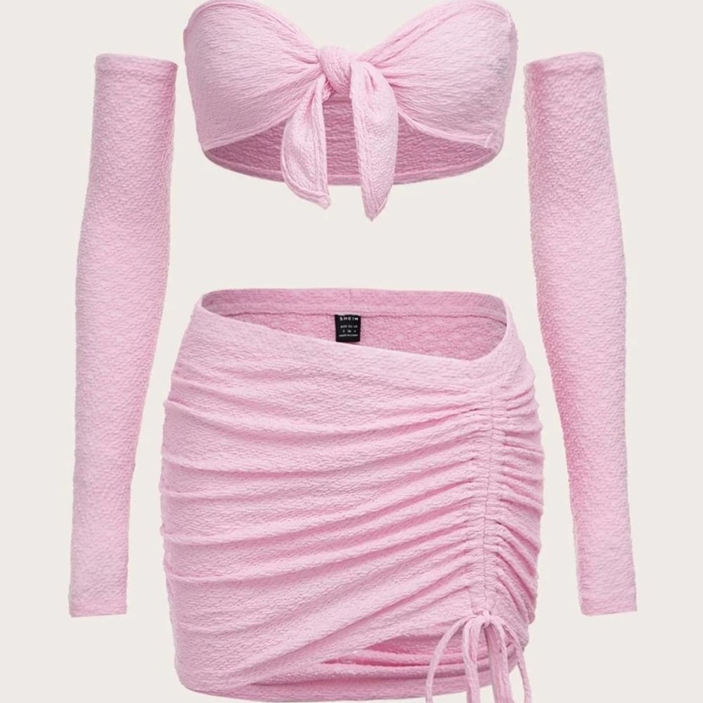 SHEIN ICON Knot Front Tube Top & Drawstring Bodycon Skirt & Arm Sleeves Pink